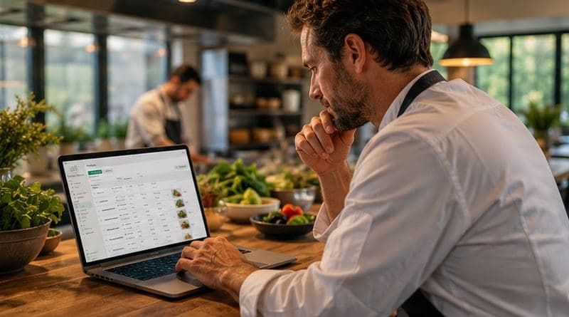 En cuisine, un restaurateur passe sa commande de la semaine sur ordinateur portable