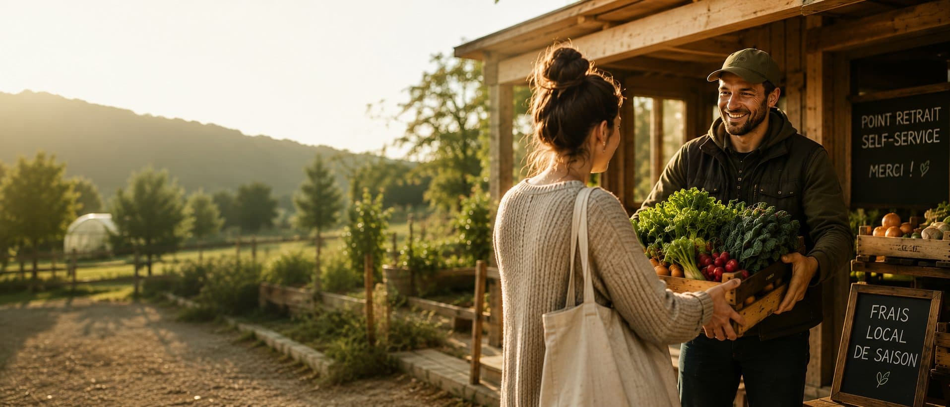 Une cliente récupère son panier de légumes au point de retrait de la ferme, au lever du soleil