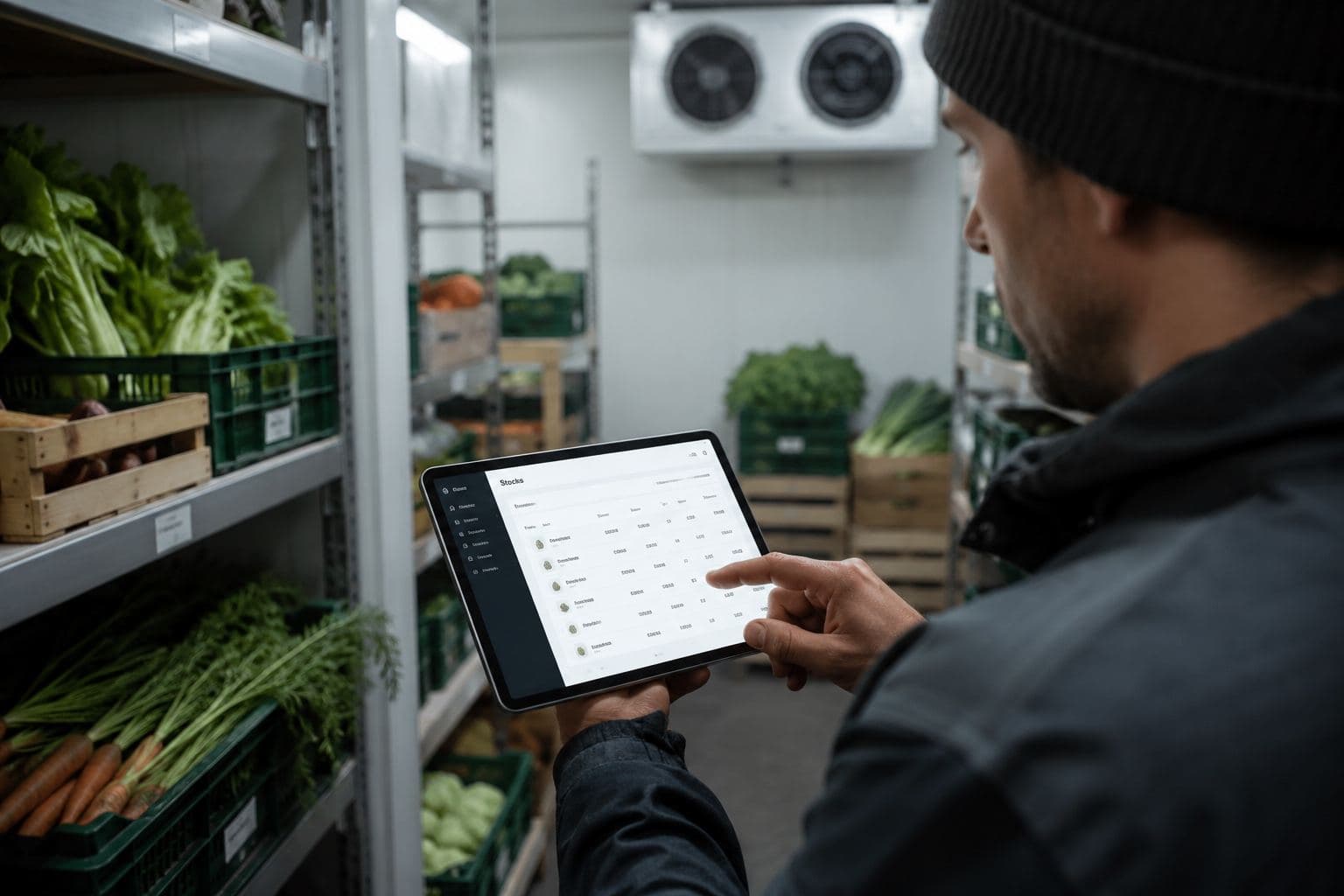 En chambre froide, un producteur passe ses commandes en revue sur tablette devant les caisses