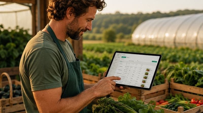 Un maraîcher consulte ses commandes sur tablette au bord de ses cultures, à la lumière du soir