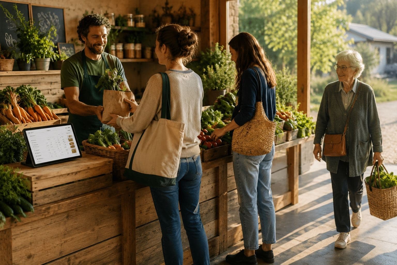 Au magasin de la ferme, les clients récupèrent leurs paniers du jour au comptoir