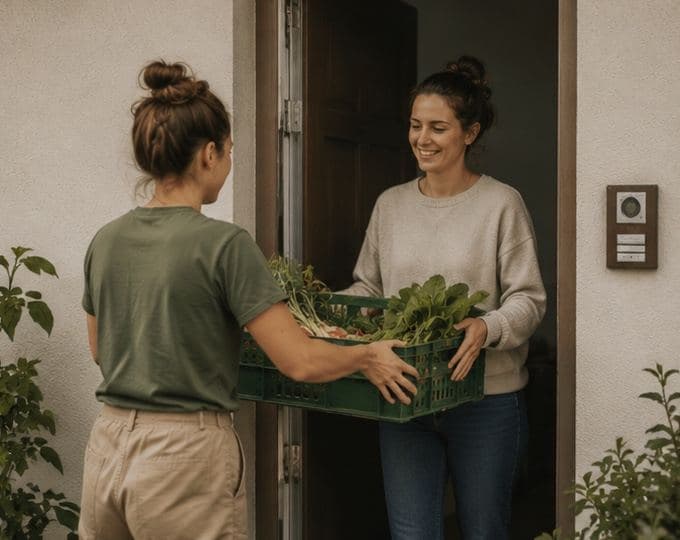 Le panier de légumes remis en main propre, sur le pas de la porte