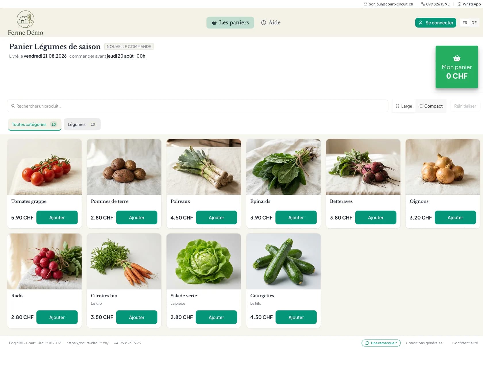 Commander un panier de légumes sur Court Circuit : grille produits, prix et ajout au panier